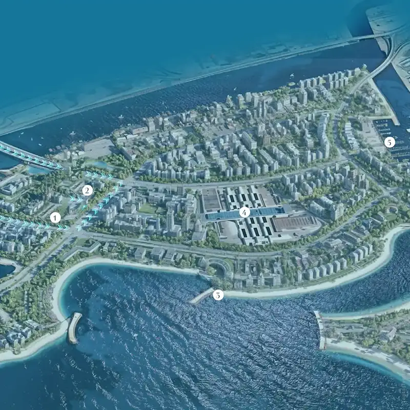 Master plan of the Forest District at Dubai Creek Gardens — an aerial view of the waterfront neighbourhood showing the residential blocks, green spine and pedestrian routes